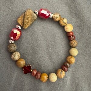 Picture Jasper Petrified Wood Red Glass Rustic Stretch Bracelet Handmade